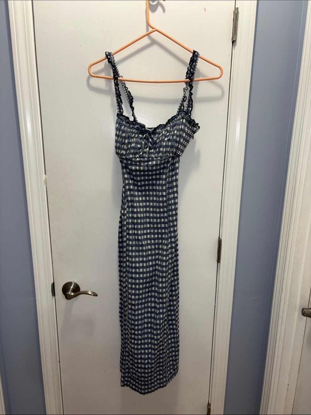 Free People Blue Gingham Maxi Dress with Ruffled Straps size medium.